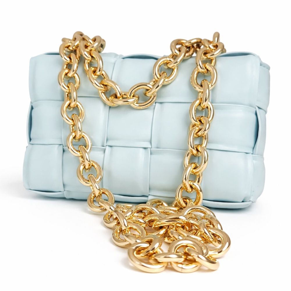 Miss Lola Light Blue Woven Bag with Gold Chain